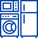 Blue line drawing of a microwave, washing machine, and refrigerator.